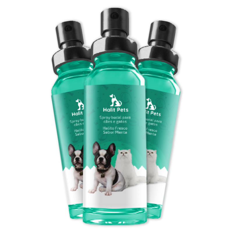 3 frascos do produto Halit Pets na cor ciano. Este produto preserva a saúde bucal do seu pet, ajudando a prevenir infecções e doenças causadas pelo tártaro presente nos dentes dos animais.